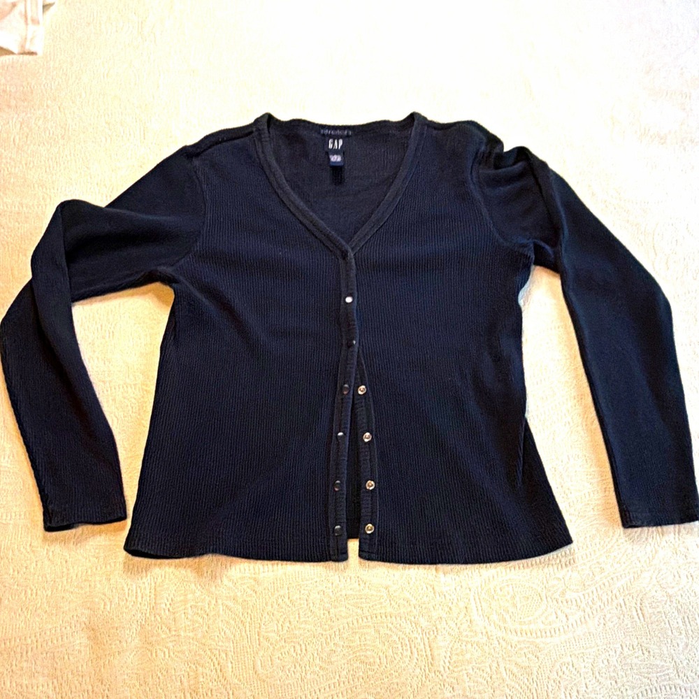 GAP Women's L Black Stretch Ribbed Knit Button-Front V-Neck Cardigan Sweater